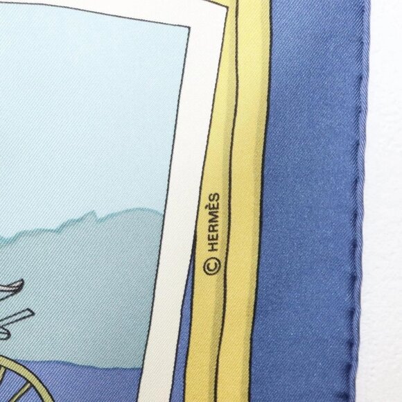 HERMES Carre 90 Scarf Silk ""Mail Coach"" Blue Auth bs30298 - Picture 7 of 9